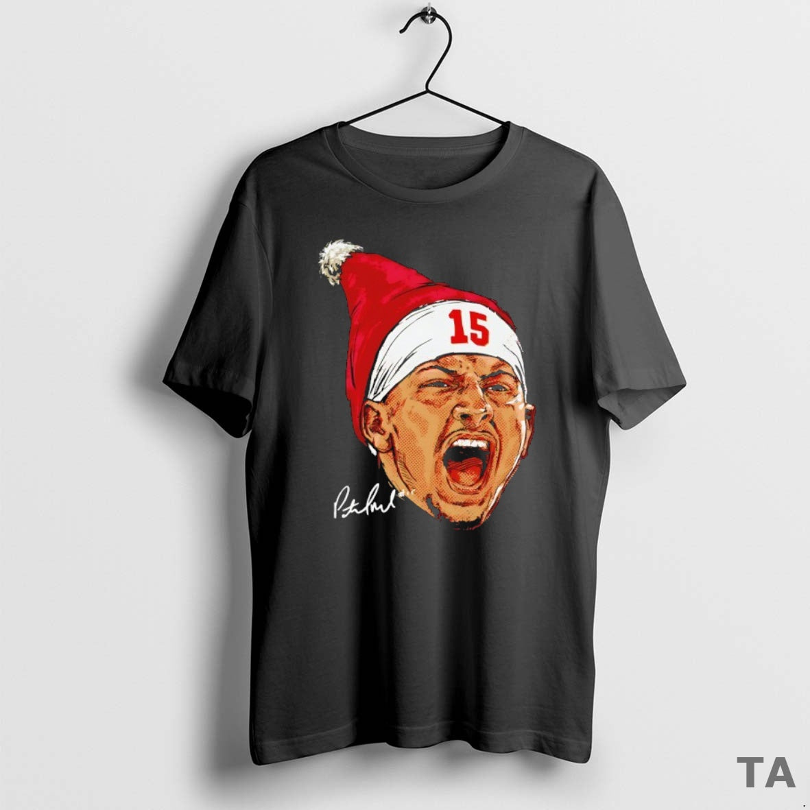Top Patrick Mahomes Big Head Kansas City Chiefs Christmas Santa Hat Signature T Shirt Sweater