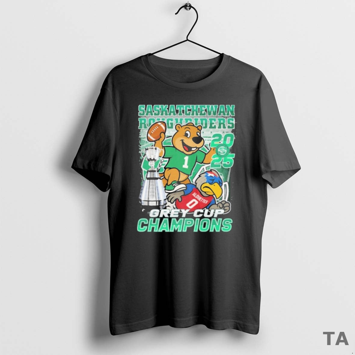 Top Saskatchewan Roughriders Stomp Montreal Alouettes 2025 Grey Cup Champions Trophy Mascot T Shirt Sweater