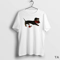 Top Top Dachshund Running With A Bouquet Of Red Flowers In Her Mouth