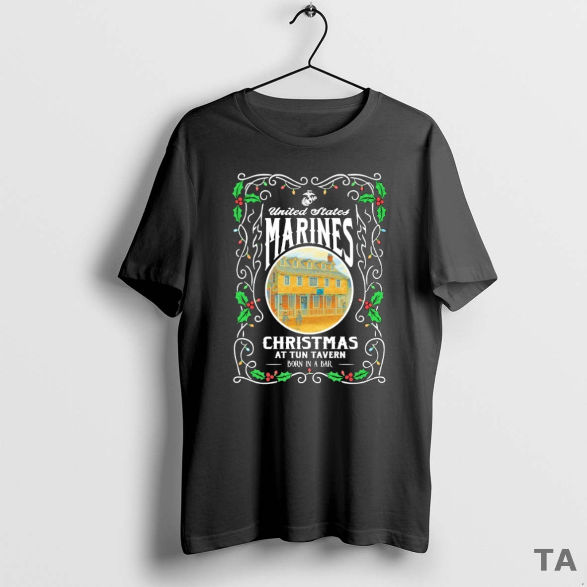 Top Usmc Us Marines Christmas At Tun Tavern Born In A Bar T Shirt Sweater