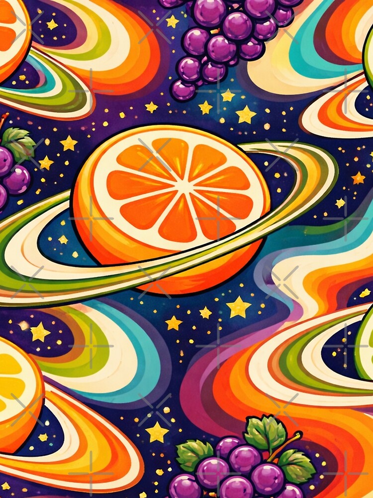 AI Cosmic Fruit Psychedelic Pattern – 70s Retro Orbit Design by Cleora Art