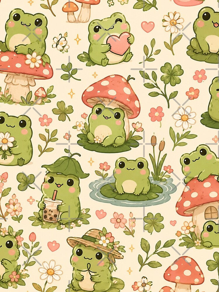 Cute Cottagecore Frog Pattern | Kawaii Frogs, Mushrooms & Wildflowers Seamless Design by RJACreative
