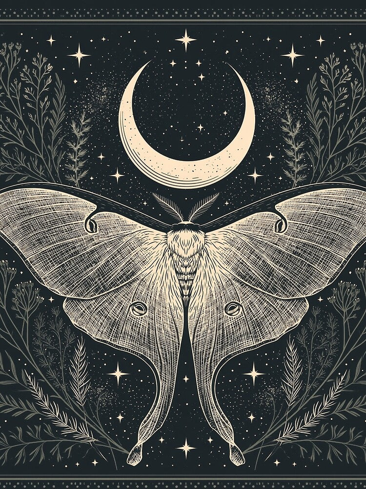 Luna Moth & Crescent Moon — Dark Academia Etching by FrostyFrisby