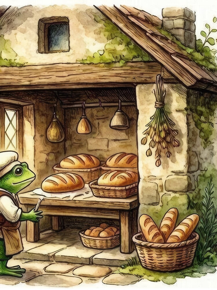 Medieval Frog Baker | Cozy Cottagecore Storybook Watercolor by Hugo-Biz