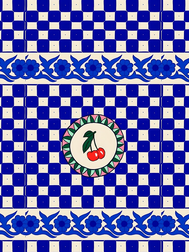 Blue Checkerboard Cherry Retro Pattern by Peac7e