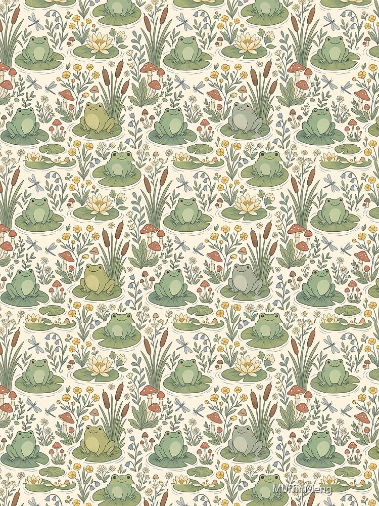 Cute Frog Cottagecore Pattern - Lilypads, Mushrooms & Wildflowers by MuffinMeng ⭐⭐⭐⭐⭐