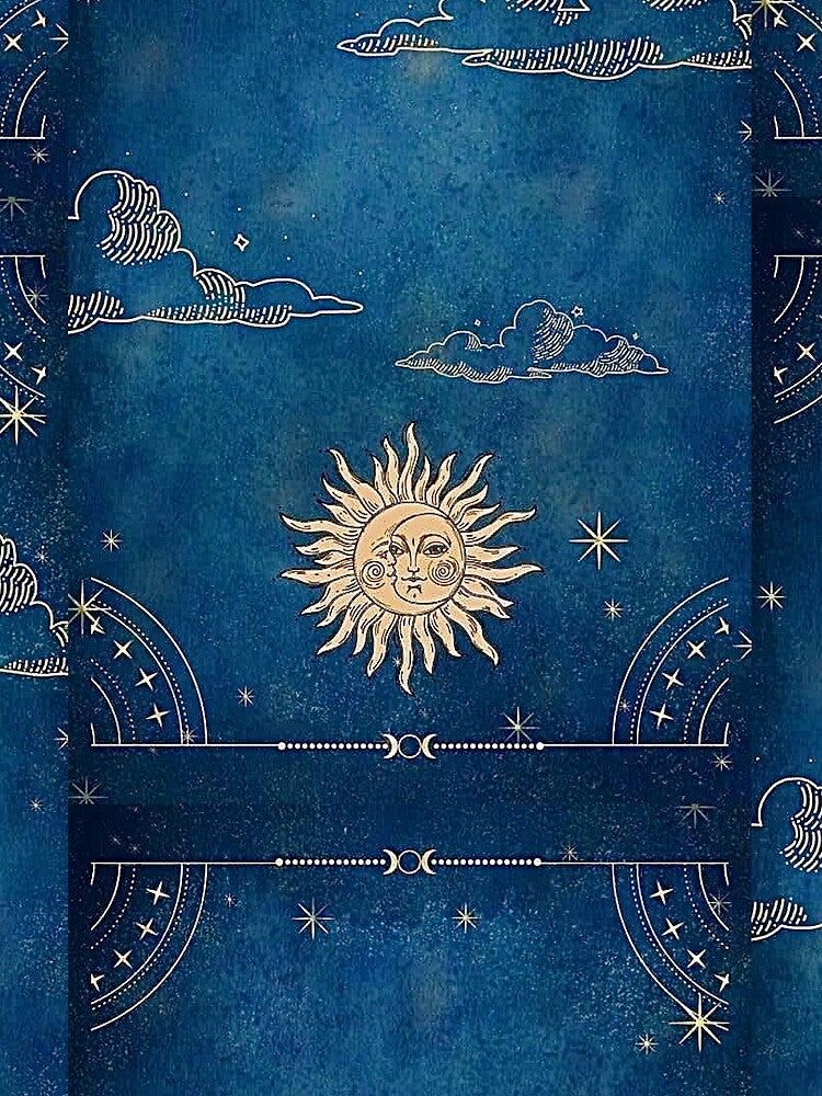 blue whimsigoth with yellow sun and moon with clouds by BrontesWhimsyStore