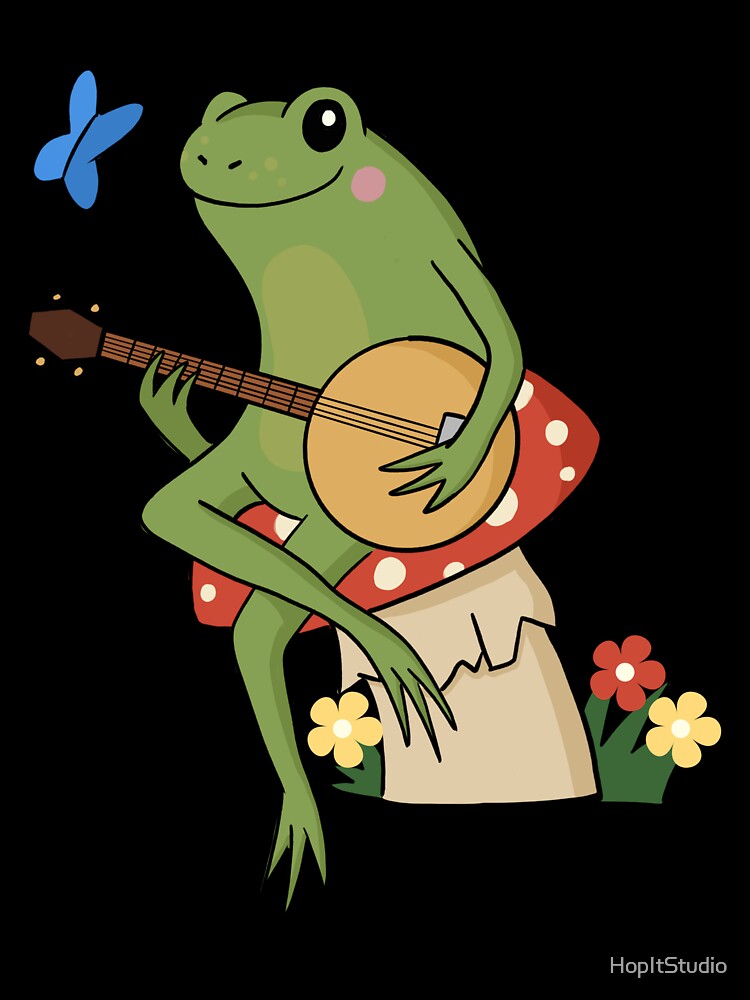 Cottagecore aesthetic cute frog playing a banjo sitting on a mushroom by HopItStudio