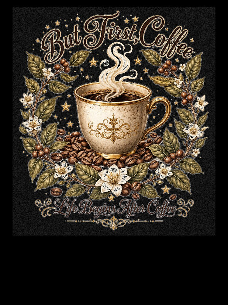 But First Coffee — Life Begins After Coffee Botanical T-Shirt by WornWildCo