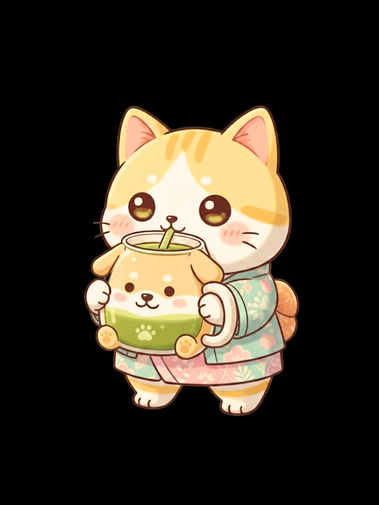 Kawaii Cat Drinking Matcha by SakuraVibes