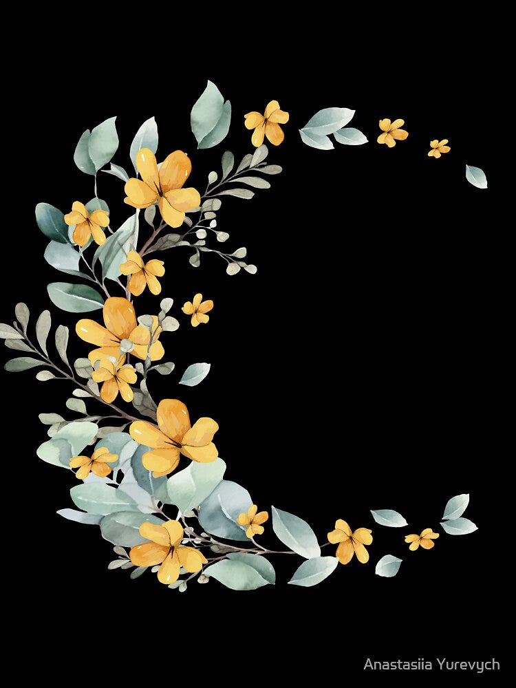 Flower month. Luna from yellow flowers. Boho crescent moon, wildflowers and stars. Bohemian modern background by Anastasiia Yurevych