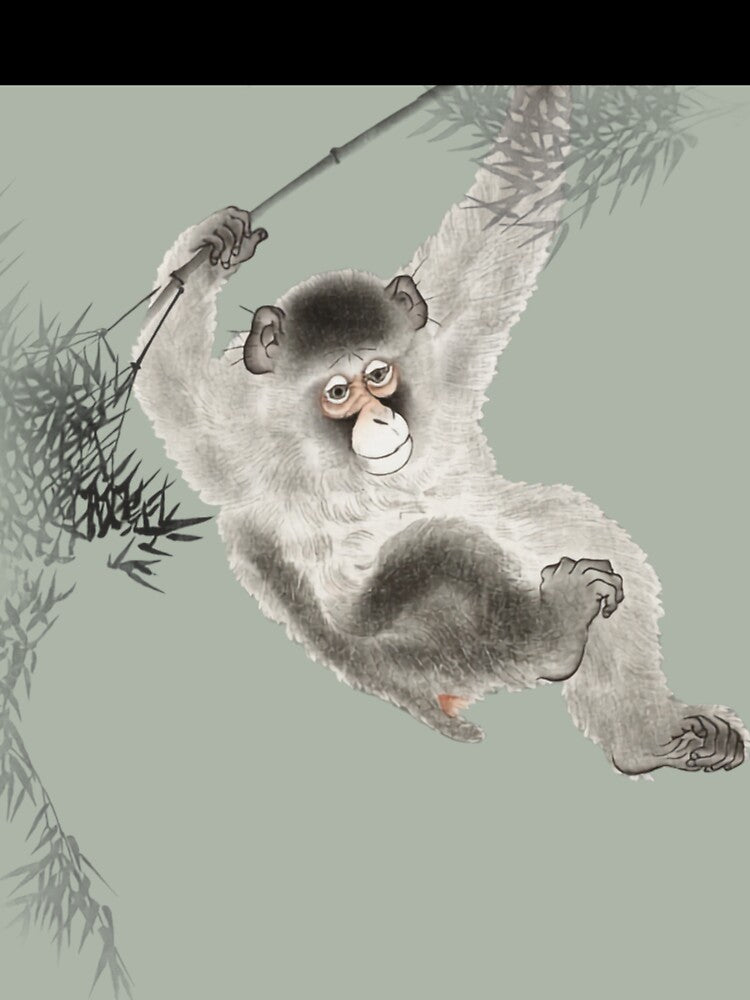 Japanese Animal Art - Monkey - Modern Ukiyo-e - Japandi, Sage Green by Black Swallow