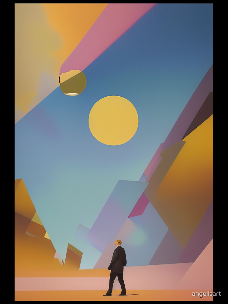 Man walking in a modern abstract art landscape. by angelisart