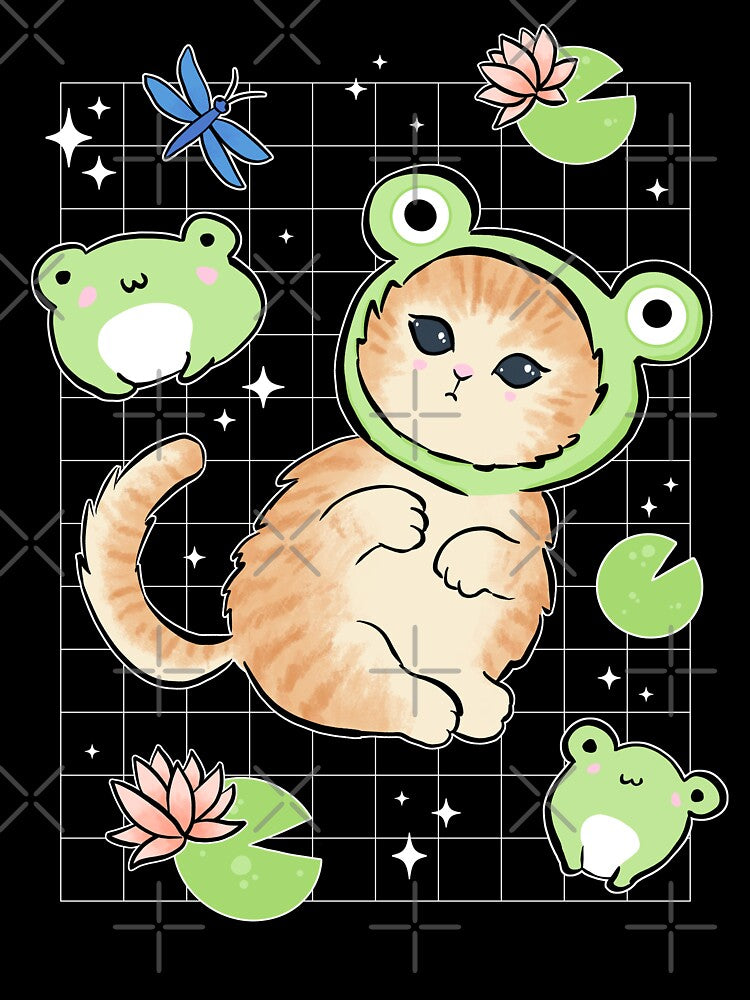 Kawaii Toads and Cat in Frog Hat: Retro 90s Cottagecore Aesthetic with a Funny Kitten in Frog Costume by MinistryOfFrogs