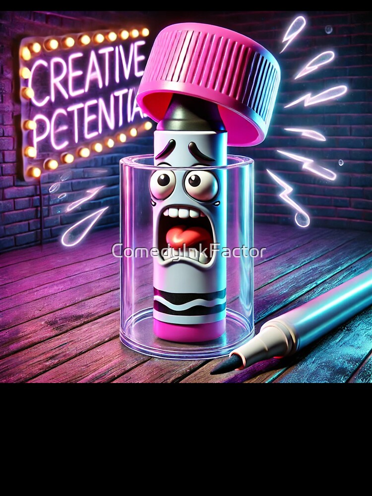 CREATIVE POTENTIAL” — terrified marker trapped in a glass jar by ComedyInkFactor