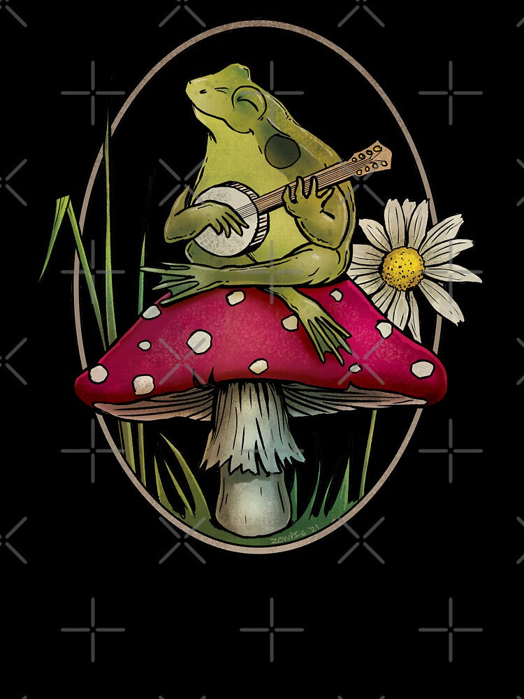 Cottagecore Aesthetic Cute Kawaii Frog Playing Banjo on Mushroom by JinxWhaleDesign