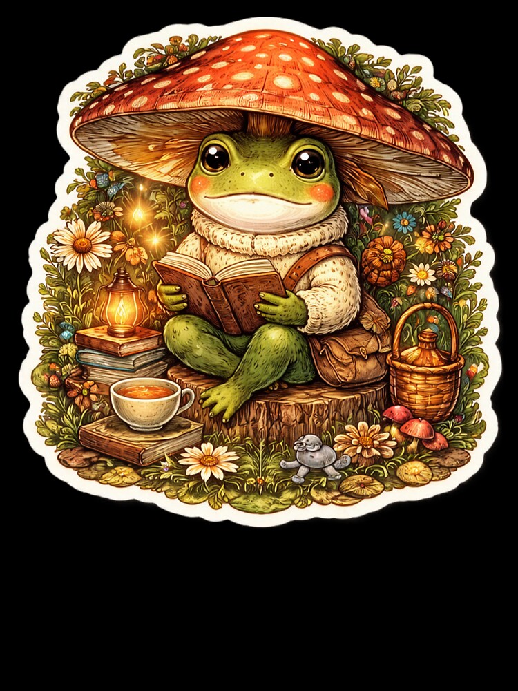 Cozy Cottagecore Frog Reading Book Under Mushroom - Cute Frog Sticker by FluffiPopo