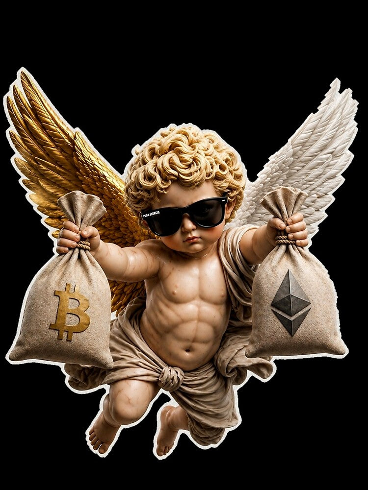 Crypto Angel T-Shirt & Sticker – Bitcoin Ethereum Cherub Design by Puraenergia Stickers