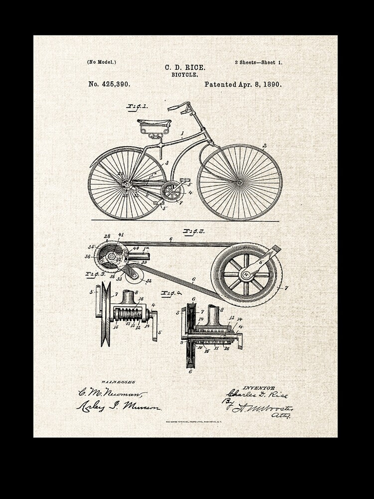 Antique 1890 Bicycle Patent art print invented by C.D Rice. by VintageArtRepro