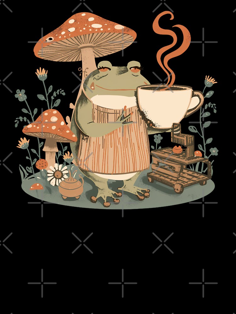 Frog Barista Risograph Art Mushroom Coffee Cottagecore Gift by VectorJoy