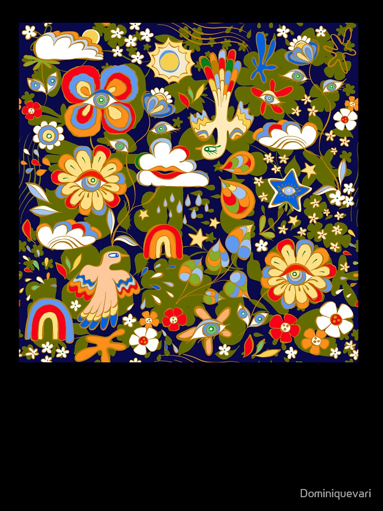 Imaginary Sensorial Garden with psychedelic eye-flowers, cloudy plants and magical birds by Dominiquevari
