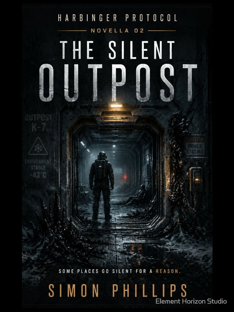 The Silent Outpost Book Cover | Sci-Fi Horror Novella Poster and Dark Space Fiction Art by Element Horizon Studio