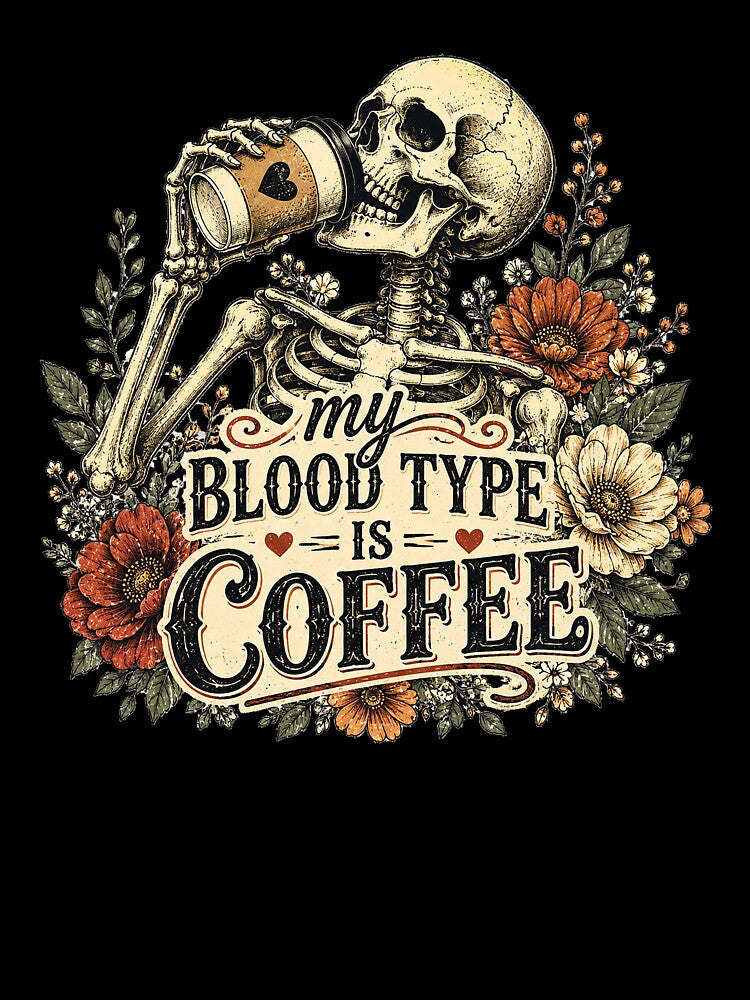 My Blood Type Is Coffee – Vintage Skeleton Floral Design by TiredMamaArt