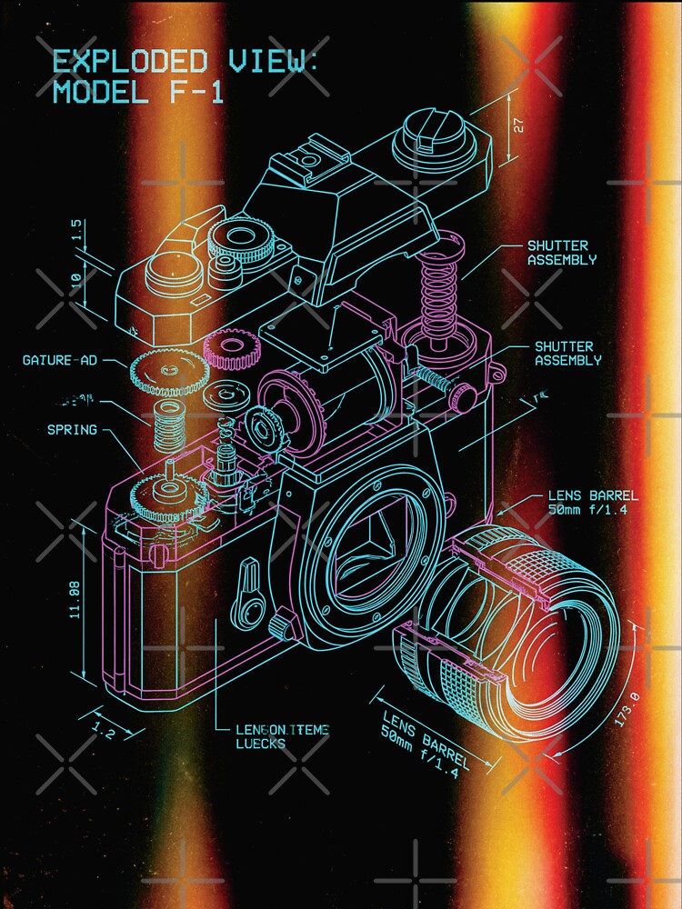 Exploded Camera Blueprint – Neon Retro Tech Photography Art by KAYJAY DESIGNS