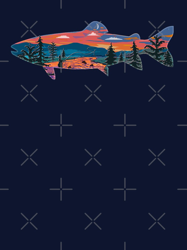 Trout Silhouette Fly Fishing Mountain Sunset River Stream Art by TeeCreations