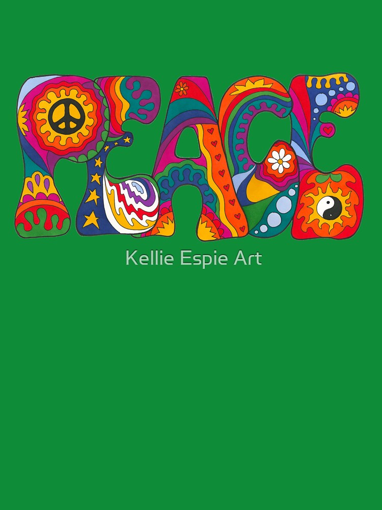 Psychedelic Peace Word Art White – Retro Hippie Rainbow Groovy Peace Design by Kellie Espie Art