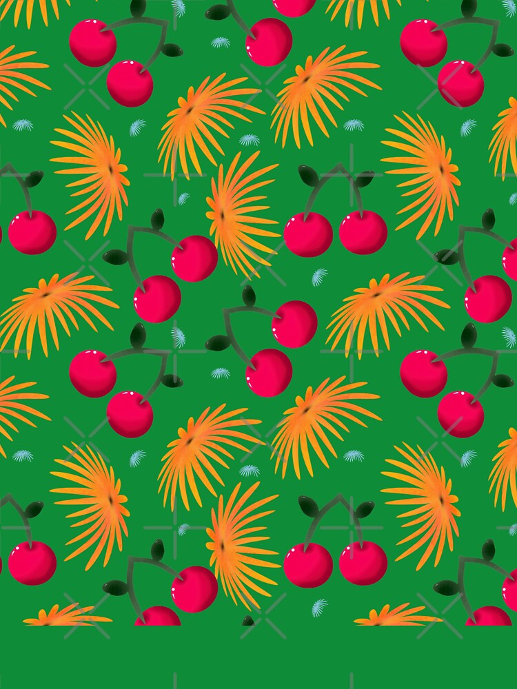 Orange Floral Cherry Pattern | Cute Girly Fruit & Flower Aesthetic | Blue Accent Seamless Design | Summer Trend Print by HopeAndHustle