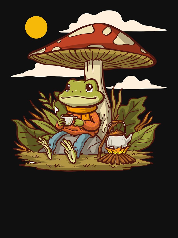 Cozy Frog Drinking Tea Under Mushroom Cottagecore Campfire Wholesome Art by DERA RAY