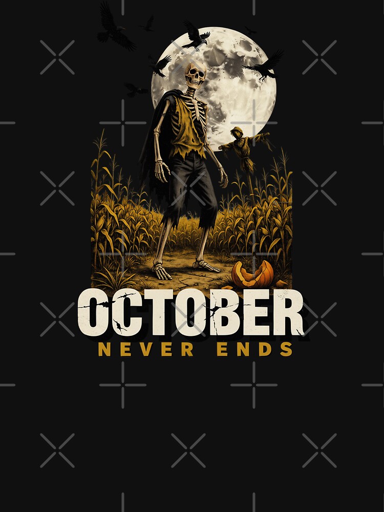 October Never Ends, Skeleton Cornfield Scarecrow Vintage Horror Movie Poster 80s by CryptReel