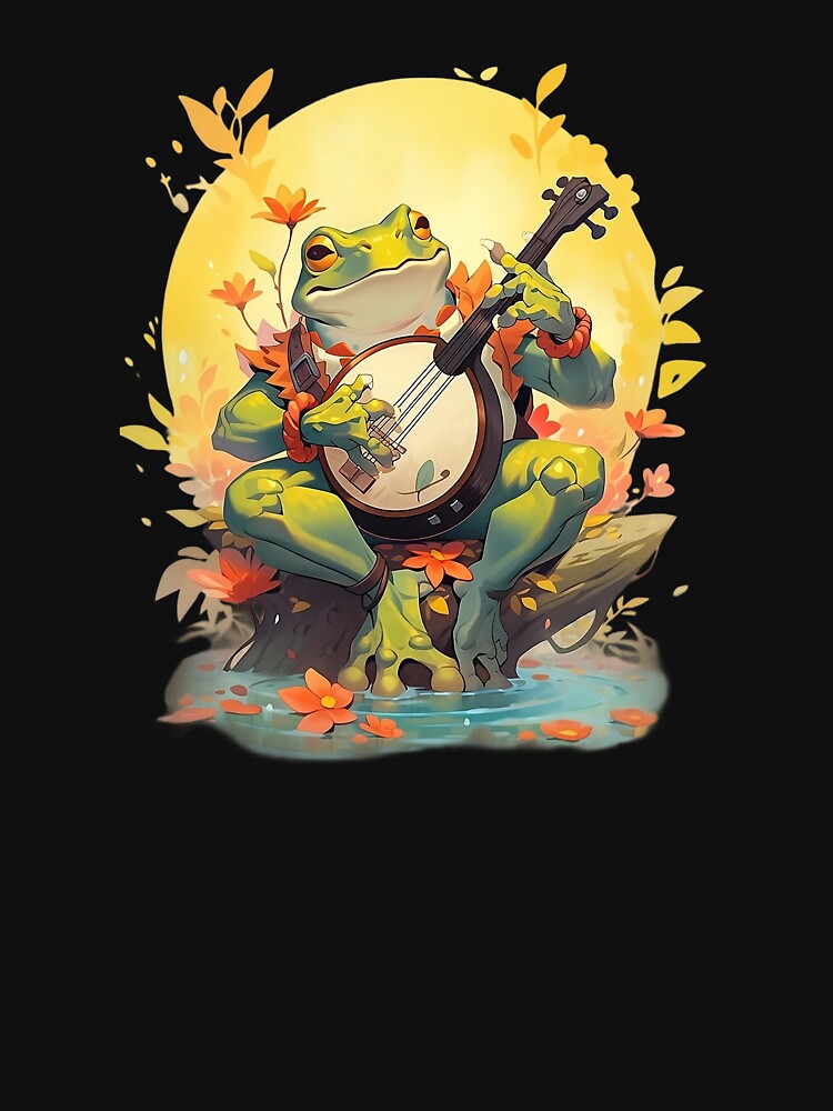Cottagecore frog playing banjo by the lake by Remek-Design