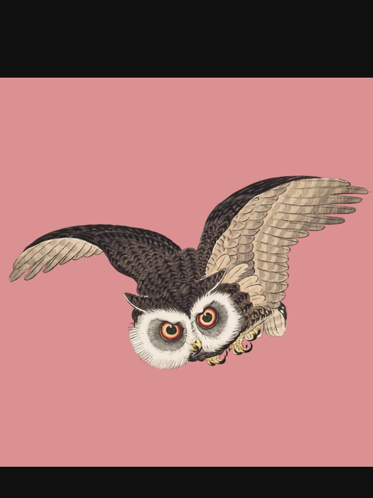 Japanese Animal Art - Owl - Modern Ukiyo-e - Japandi, Pastel Pink by Black Swallow