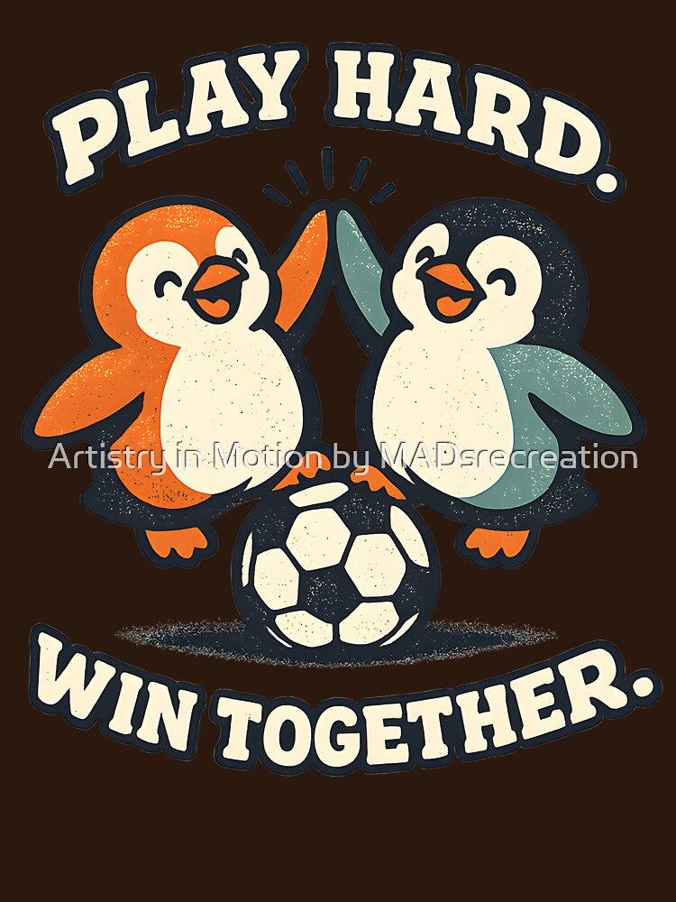 PLAY HARD. WIN TOGETHER. – Cute Penguins Soccer Friendship Mascot Illustration by Artistry in Motion by MADsrecreation
