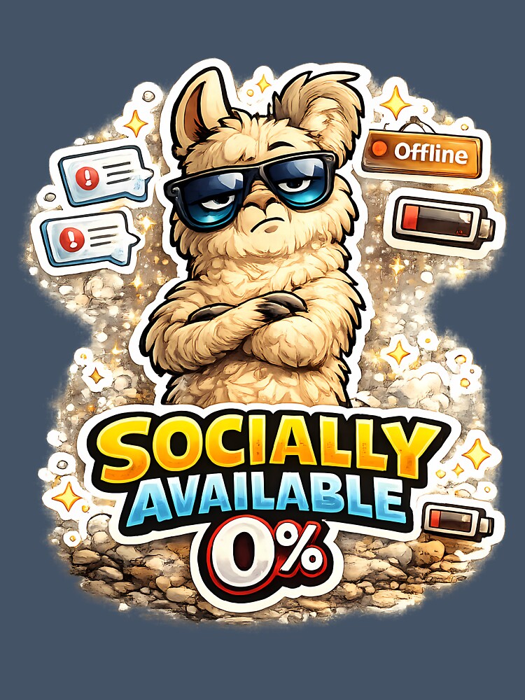 Socially Available 0% Funny Llama Introvert Meme Sticker – Sarcastic Social Battery Animal Design by lazygum