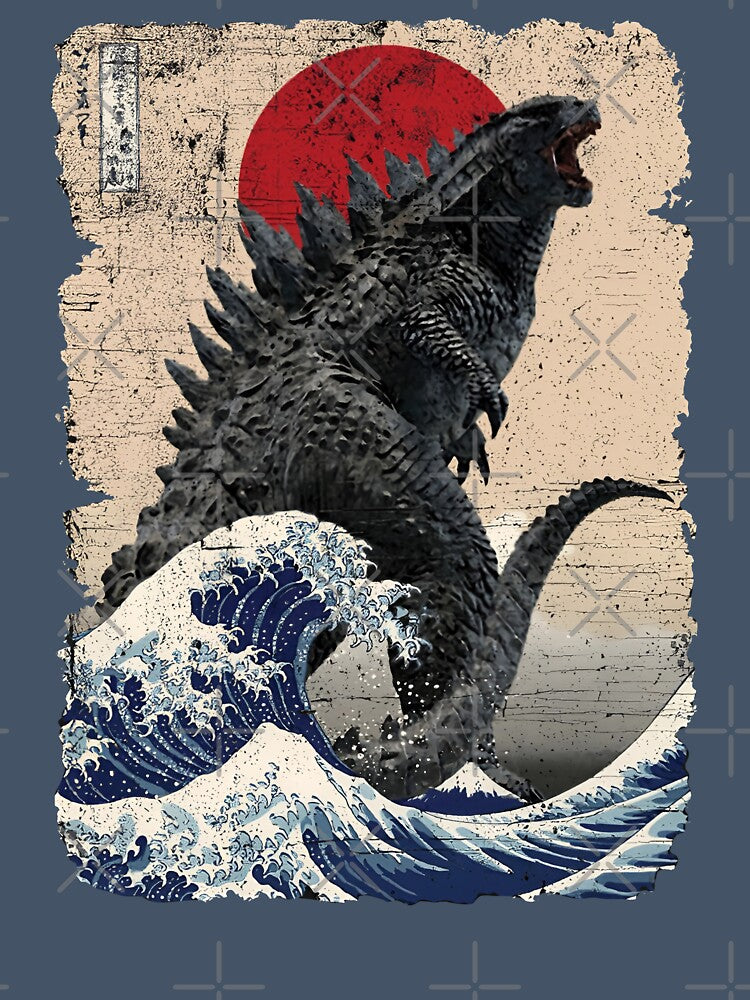 Godzilla Surfing The Great Wave by Hokusai Funny Parody by Robert Diebold