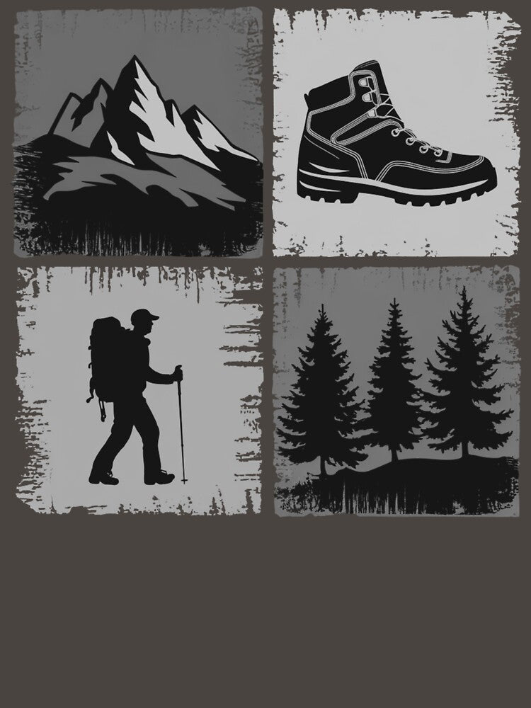 Hiking Icons Grid – Mountains, Boot, Hiker & Trees Monochrome Design by GabeMountainArt