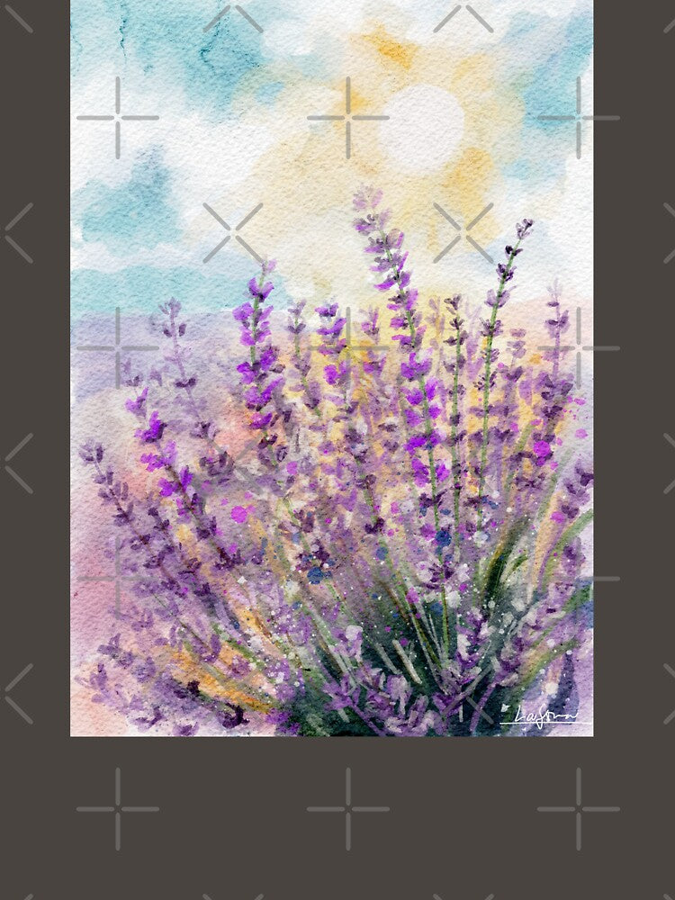 Watercolor Lavender Field Sunlit Botanical Art by LafinaArt