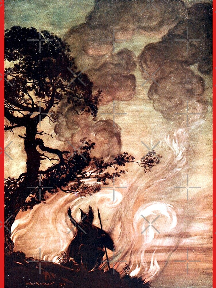 Arthur Rackham - Wotan Looks Back - Rhinegold and the Valkyries by forgottenbeauty