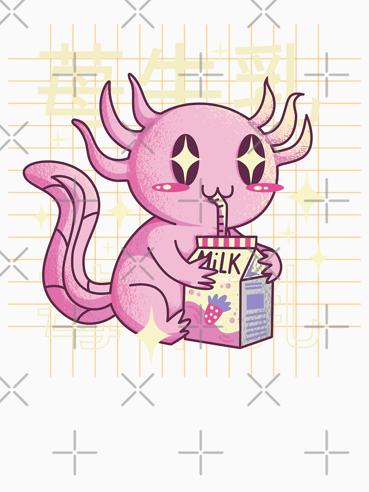Kawaii Axolotl drinking Strawberry milk - boba tea by Paperfly Studio
