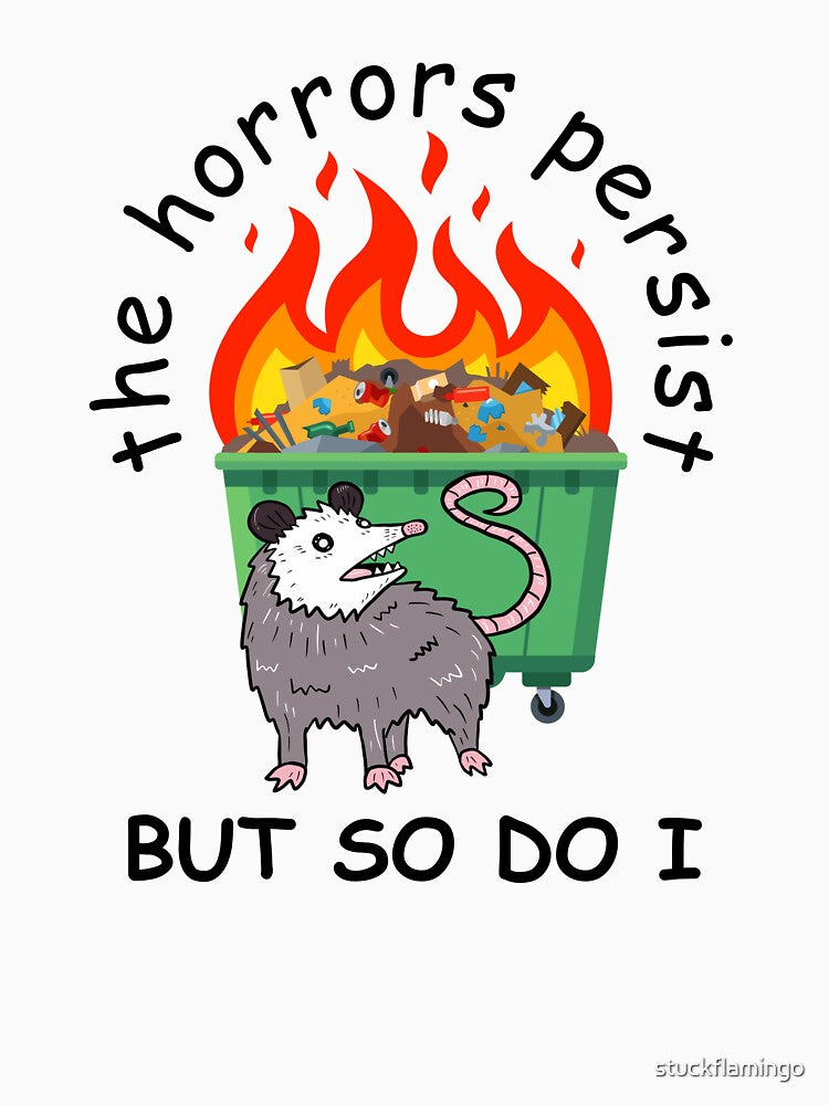 Persistent Opossum in Front of Flaming Dumpster by stuckflamingo