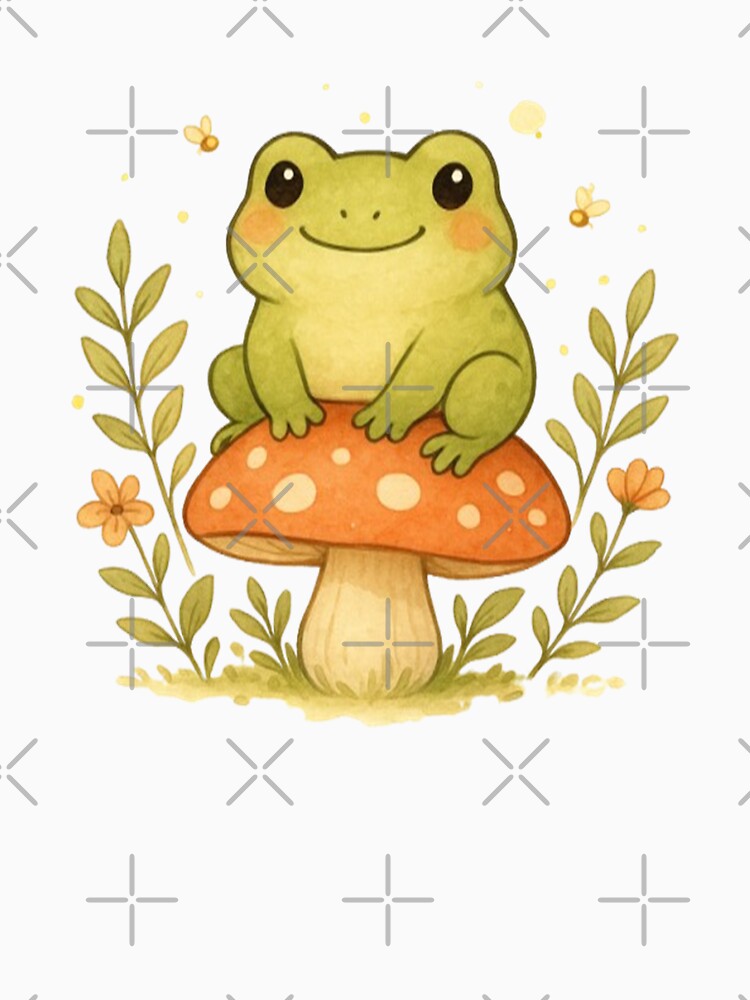 Cute Cottagecore Frog on Mushroom – Kawaii Watercolor Nature Art by FernandsOficial