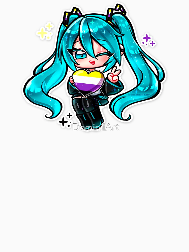 Chibi Hatsune Miku - Non binary flag LGBTQ+ Pride T-Shirt | Cute Anime Vocaloid Pride Heart Shirt | Kawaii Pastel Pride Tee, Unisex Graphic T-Shirt by DominiiArt