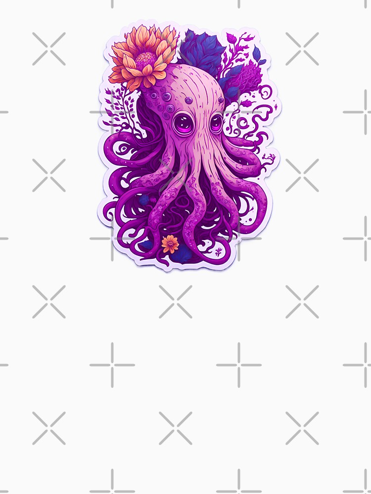 Magical Illustration Cute Pink Octopus Vibrant Colorful Psychedelic Pastel Flowers Sad Eyes by SassyArtistry