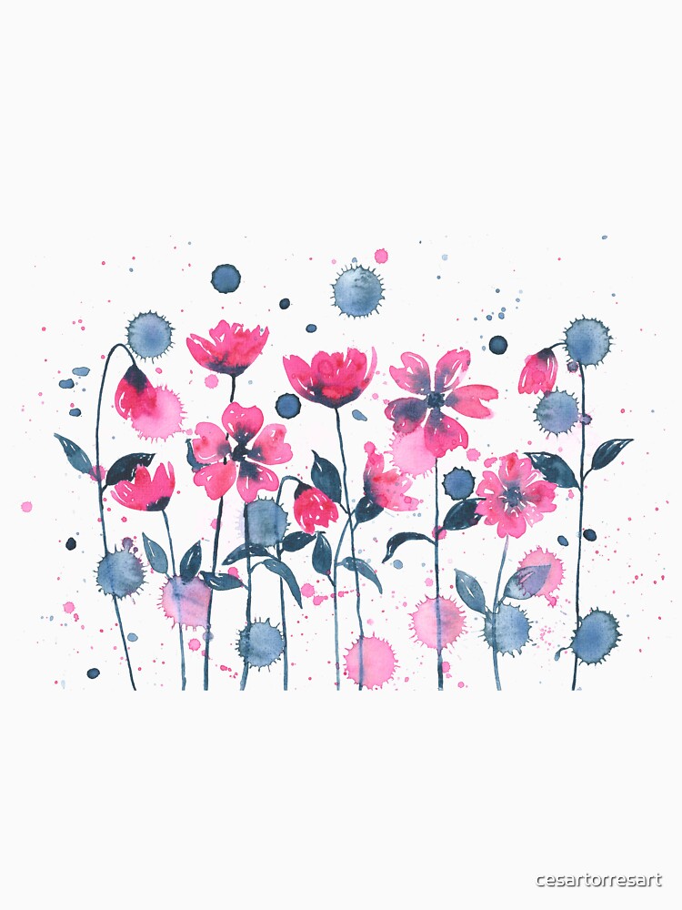Garden of pink flowers painted with watercolors by cesartorresart