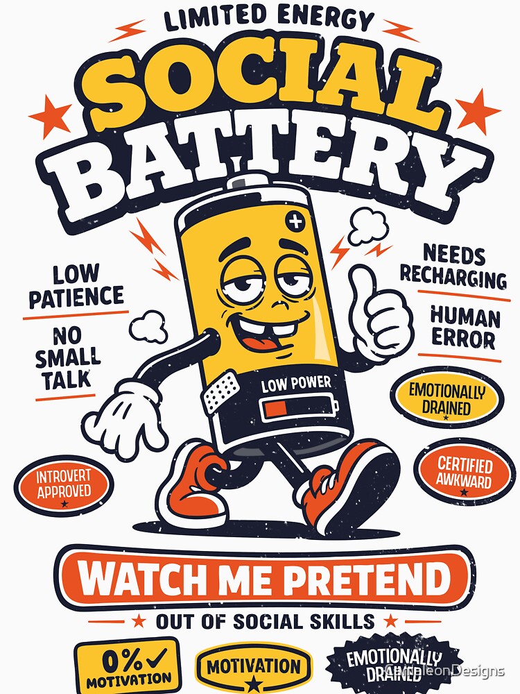 Social Battery Funny Introvert Retro Mascot by CamaleonDesigns