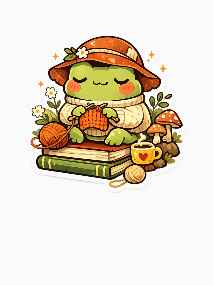 Cozy Knitting Frog Sticker - Cute Cottagecore Kawaii Frog by FluffiPopo
