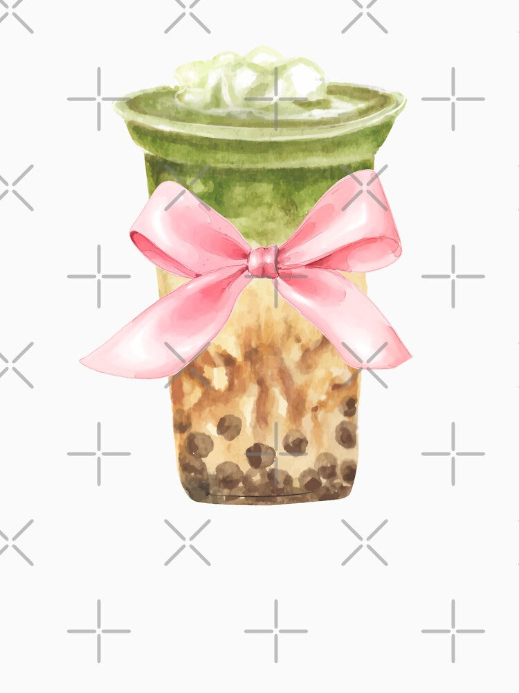 Coquette Matcha Boba Tea with Pink Bow – Cute Feminine Drink Art by DivinePassion